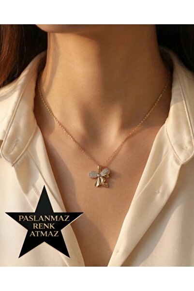 XUPING JEWELRY Xuping 14K Altın Renginde Zirkon Taşlı Kadın Fiyonk Kolye 40 +...