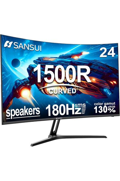 SANSUI شاشة ألعاب منحنية 24 بوصة 180 هرتز 1 مللي ثانية FHD 1080P مع سماعات مد...