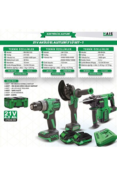 Hais AKÜLÜ EL ALETLERİ 21V 3 LÜ RB-01 HAİSPRO