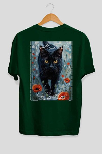 Ankhises 40 Cats for the Sake of Cats Printed Green Oversize T-Shirt 100% Cot...