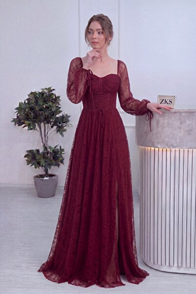 zks grup tekstil Women's Graduation Dress Corseted Slit Lace Long Transparent...