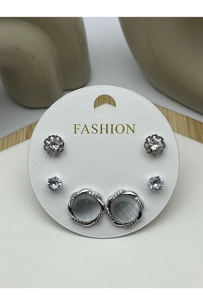 BİJU YILMAZ 26Vipkp111 -Gray Opal cm Steel Earring Set