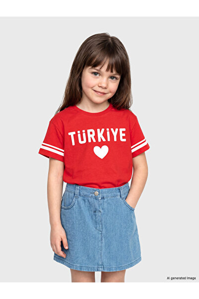LC Waikiki Trendlucky Girl's T-Shirt with Turkey Print and Difference in Color