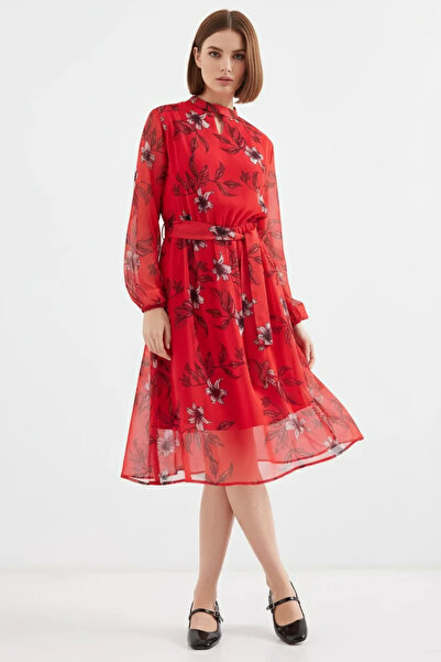 buğrahayalin Women's V-Neck Belted Floral Patterned Chiffon Red Dress