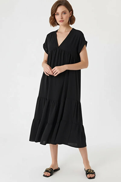 Şeker Portakalım Women's V-Neck Gathered Waist Flounce Ruffle Black Dress