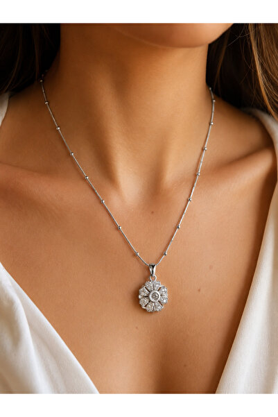 ACAR TAKI Steel Silver Color, Stone-Set, Rotatable Tip Daisy Pendant 40+6cm A...
