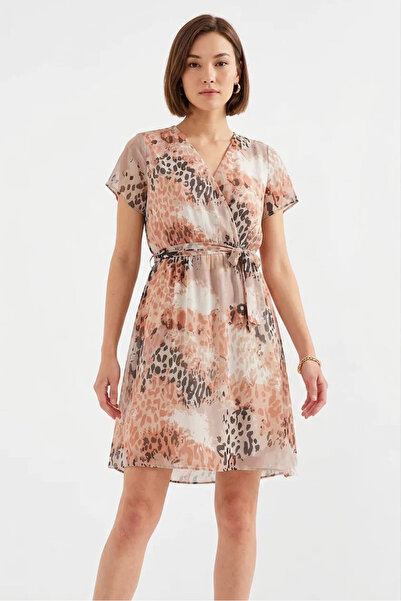 Generic Brand Women's Short Sleeve Belted Patterned Chiffon Beige Dress