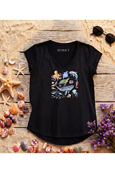 ScubaPromoTurkey Spirit of the Sea Printed Black V-Neck Flared Cotton T-Shirt