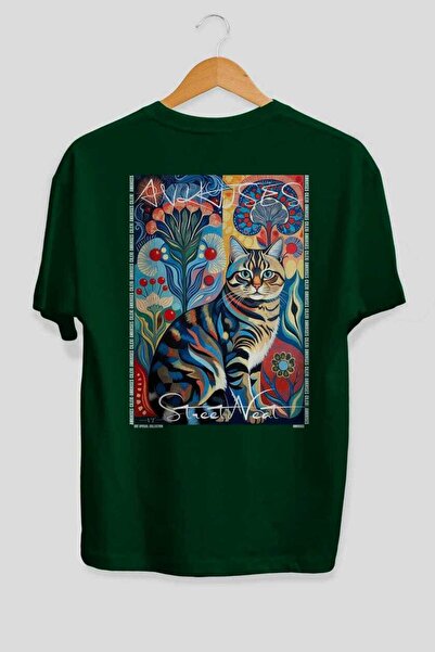 Ankhises 77 Cats for the Sake of Cats Printed Green Oversize T-Shirt 100% Cot...
