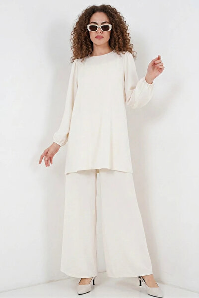 buğrahayalin Women's Round Neck High Waist Long Sleeve Ecru Suit