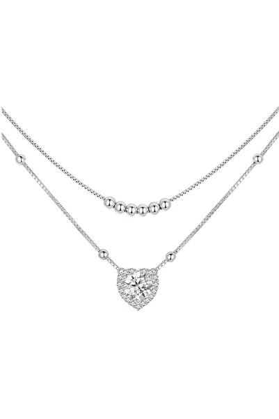 Raizel Colier dublu din argint cu piatra moissanite de 1CT, Diamond Heart