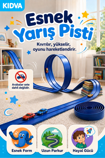 kidva Esnek Yarış Pisti 4.5 Metre Flex Track Oyuncak Araba Pisti Vantuzlu Eği...