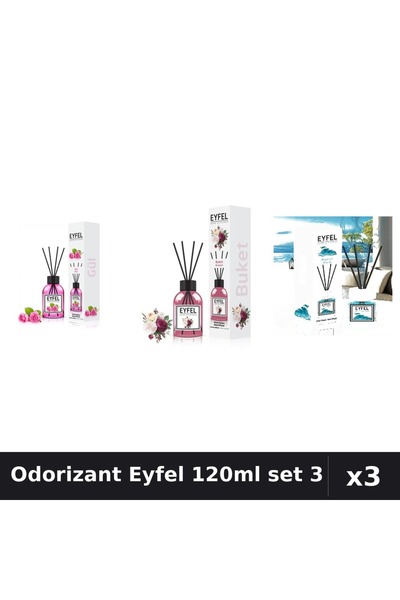 Eyfel Set 3 Odorizant Cameră Betisoare 120ml - Trandafir, Bouquet, Ocean