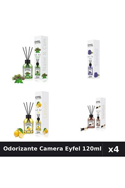 Eyfel Set 4 Odorizante Camera Betisoare 120ml - Lămâie, Pin Mentă, Zambile, V...