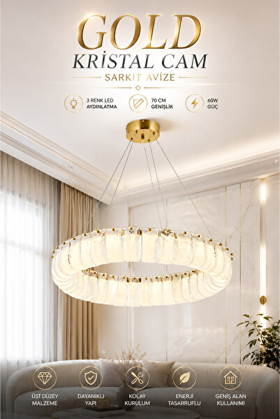 Elvora Home Modern (PREMIUM) LED Gold Kristal Cam Sarkıt Avize Luxury Salon Y...