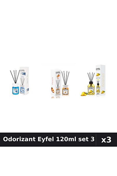 Eyfel Set 3 Odorizant Cameră Betișoare 120ml - Cool Water, Piersică, Ananas