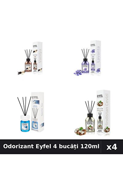 Eyfel Set 4 Odorizant Cameră cu Betișoare - Vanilie, Lavandă, Cool Water, Nuc...