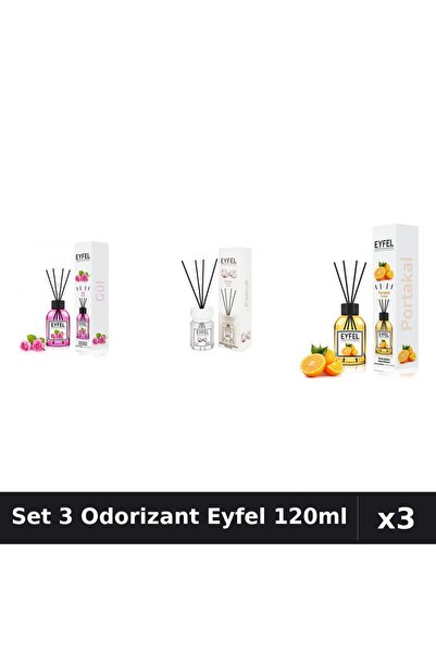 Eyfel Set 3 Odorizante Camera Betisoare, Bumbac, Portocala, Trandafir, 120 ml
