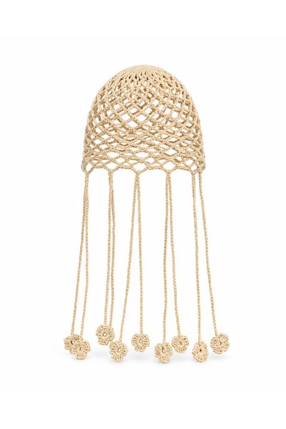 Pulchrani Beige Knitted Mesh Floral Beanie