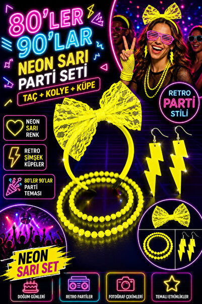 80'ler 90'lar Neon Sarı Parti Aksesuar Seti Taç Kolye Şimşek Küpe Retro Kostüm Seti
