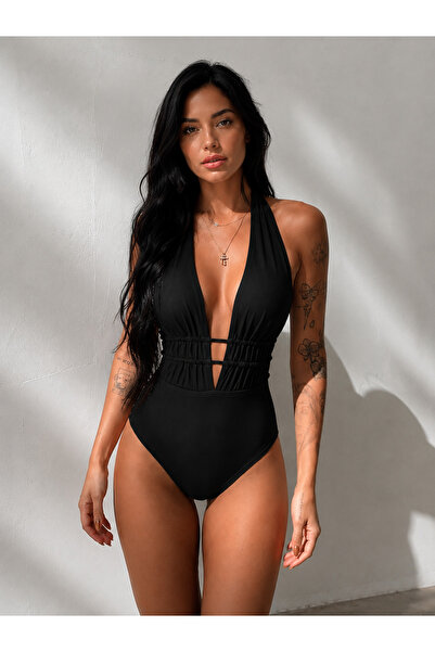 Street Sports Women's Black Deep V-Neck One Piece Swimsuit with Adjustable Ba...