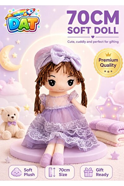 DAT Soft Plush Girl Doll with Lace Dress, Bow Headband & Braided Hair 70cm – ...