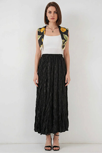 Şeker Portakalım Women's Wrinkled Shiny Black Skirt