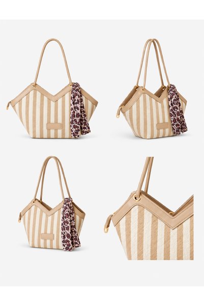 Zoe3 Style Women's Beige Striped Scarf Detailed Textile Shoulder Bag