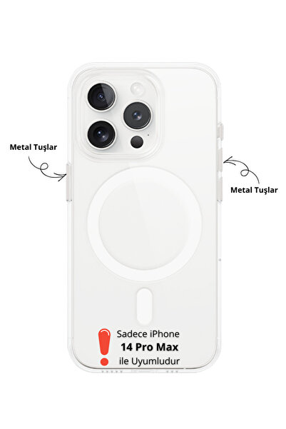 Evax [Premium PC Magsafe] iPhone 14 Pro Max Uyumlu Metal Tuşlu Sert Mika [Sar...
