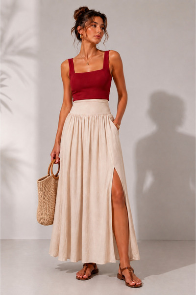 OYERGA MODA Women's High Waist Slit Detailed 100% Cotton Maxi Skirt
