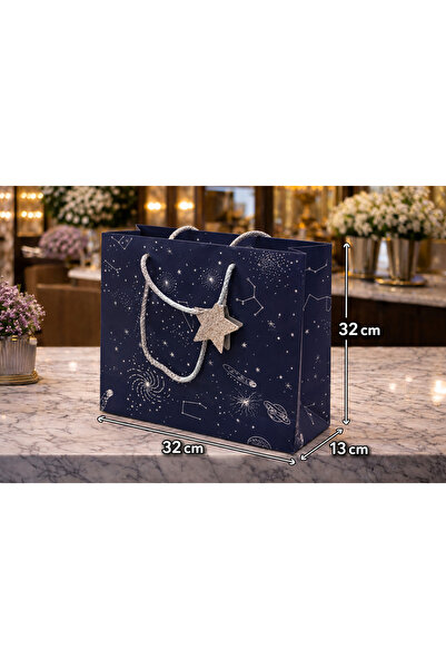 BİLGİ K K Luxury Cardboard Bag Drawstring Navy Blue Space Sky Patterned Gift ...