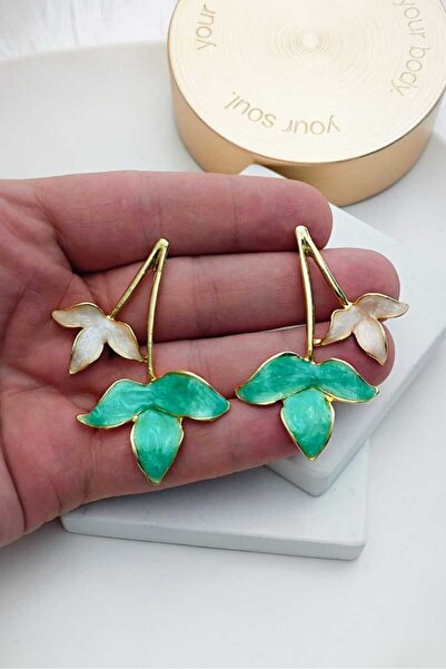 KYOLA DESİGN Turquoise White Pearlescent Double Leaf Women's Gold Earrings (6cm)