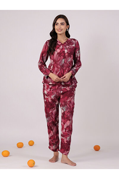 Sanskrutihomes By Styli Magenta Printed V Neck Cotton Shirt and Pyjama Set
