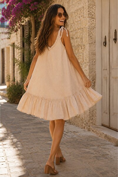 LaraLisa Askısı Bağlamalı Eteği Fırfırlı Müslin Kadın Elbise