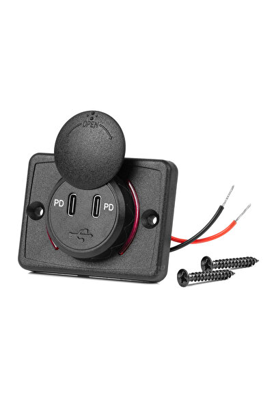AMIO Priza cu 2 USB, 12-24V, USB-C 12V 24V, suport patrat, rezistent la apa