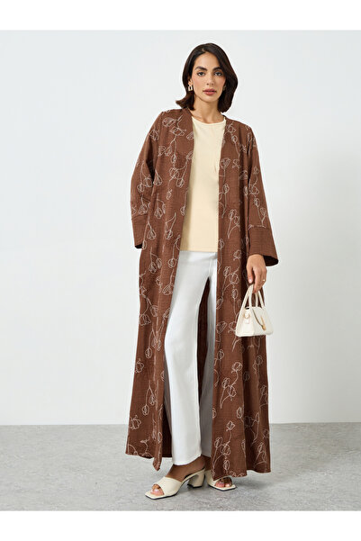 Amirah By Styli Brown Floral Print Front Open Abaya