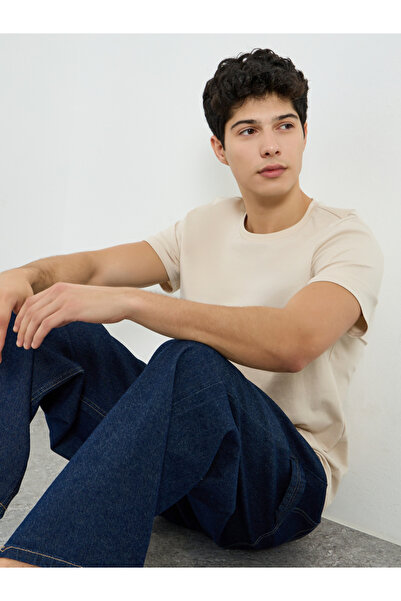 Styli Men Beige Cotton Crew Neck T-Shirt