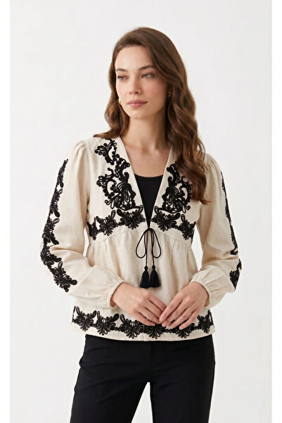 TATULA Linen Jacket with Embroidery Detail and Lace-Up Front