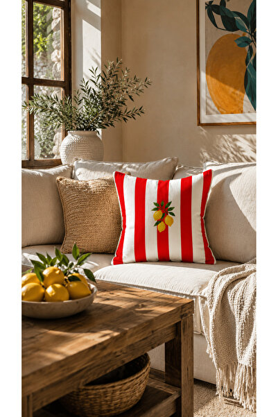 MAYOR HOME Kırmızı Beyaz Çizgili Limon Desenli Dekoratif Kırlent Kılıfı - 45 ...