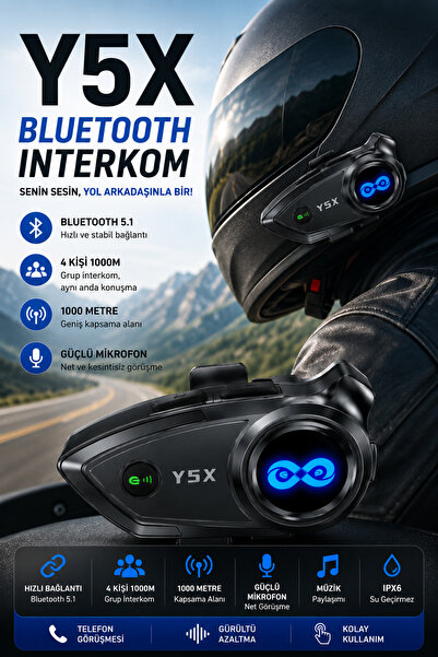 GoMarkt Y5X Bluetooth Motosiklet İnterkomu 4 Kişi 1000M Grup Konuşma Bluetoot...