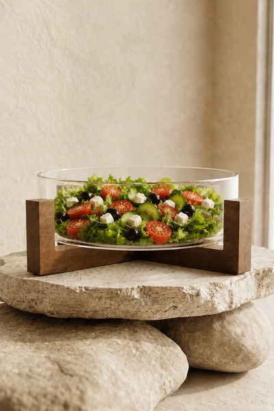 Kitchen Life Borosilicate Glass Salad and Presentation Bowl with Acacia Stand...