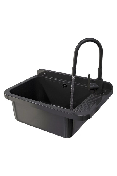 Granitan Set Chiuveta Negra, 584x380mm, cu baterie flexibila Grado si sifon