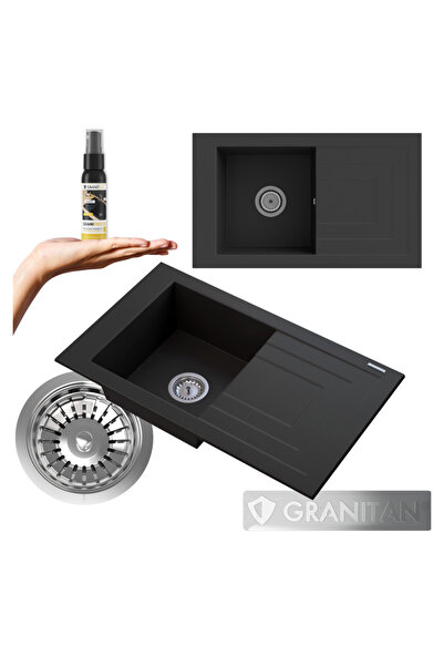 Granitan Chiuveta Granit Lila Negru 77.8x46 cm, cuva simpla cu scurgator, sif...