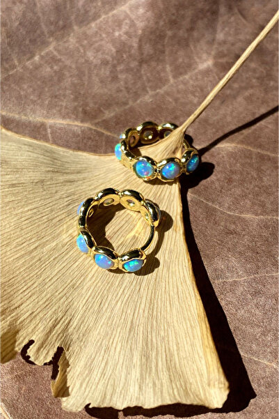 Spossy Silver Jewelry 925 Ayar Gümüş, 14 Ayar Gold, Mavi Opal Taşlı Minimal H...