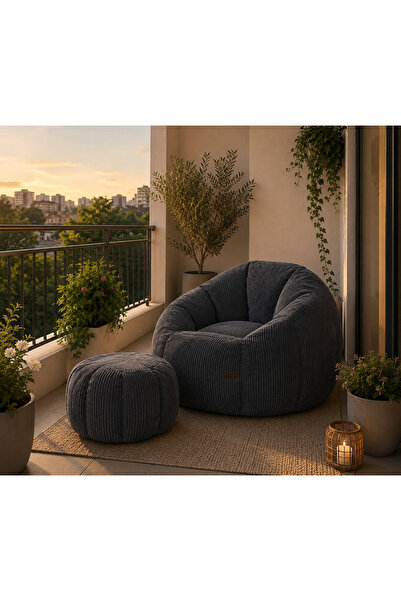 puffiber Balkon Takımı Büyük Puf Koltuk ve Ayak Pufu Seti – Bahçe, Teras ve Okuma Köşesi İçin Konforlu Berjer 95x80 Cm