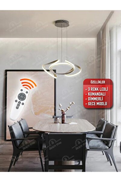 Elektroyou Cunda Gri Kumandalı 3 Renk Ledli Dimmerli Sarkık Modern Ledli Avize