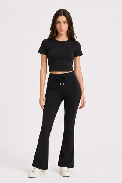 Mixray 2120 Women's Crop T-Shirt and Palazzo Pants Set Black