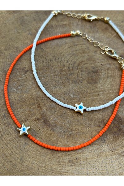 ByMerve Beaded 2-Piece Set Orange White Women's Anklet