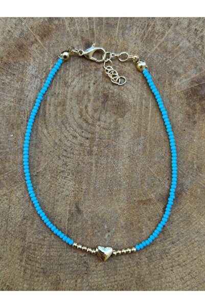 ByMerve Sand Bead Blue Gold Heart Detailed Women's Anklet
