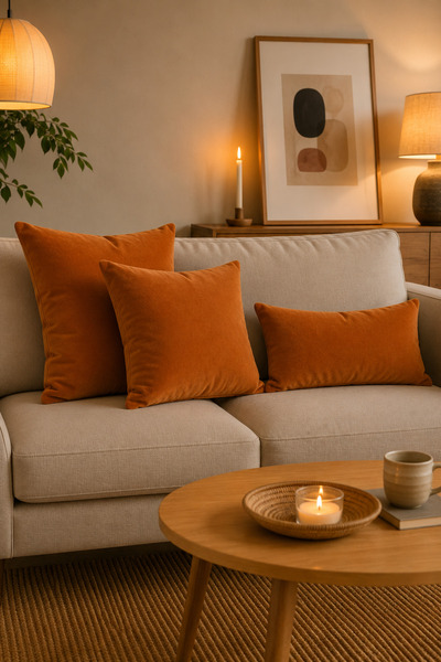 Priene Home Textile Orange Velvet Textured Decorative Throw Pillow Cover - Zi...